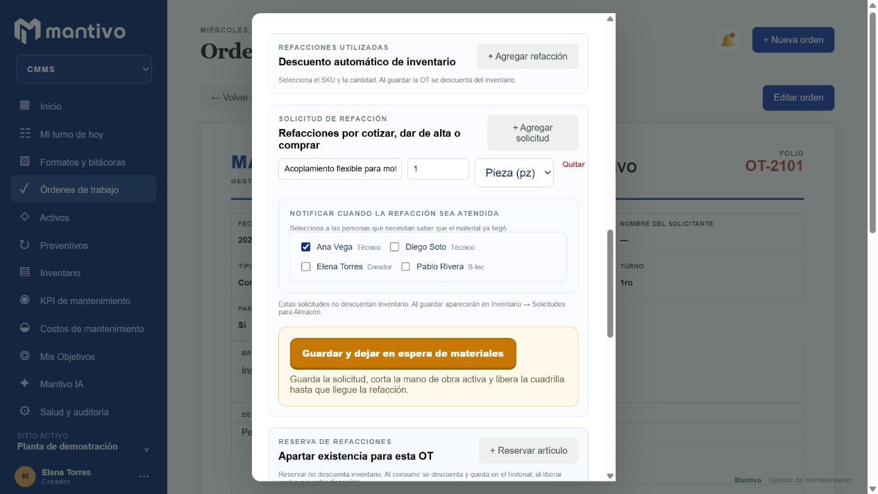 Solicitud de refacciones ligada a una OT y selección de personas a notificar.